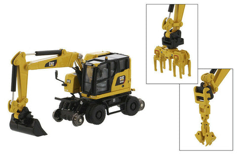 Diecast Masters 1:87 Cat M323F Railroad Wheeled Excavator with Three Attachments (Safety Yellow) 85612 - Roads And Rails